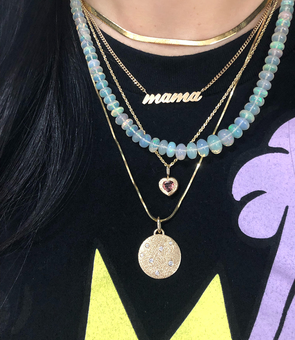 Pink tourmaline 14k gold puffy heart necklace charm with luster finish